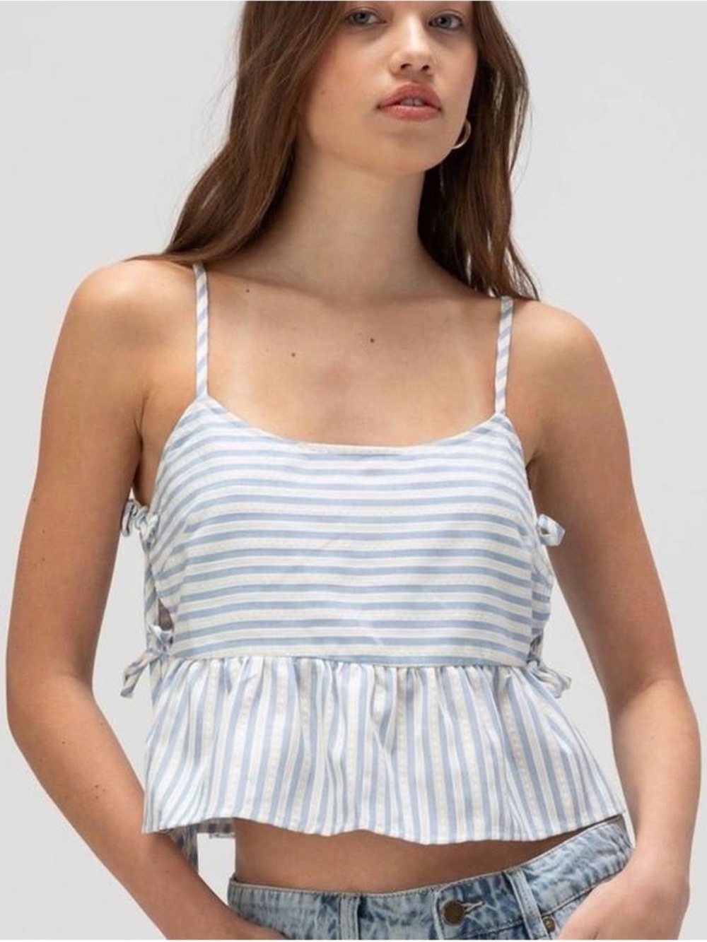Tilly's Light Blue & White Striped Tie-Side Ruffle Cami